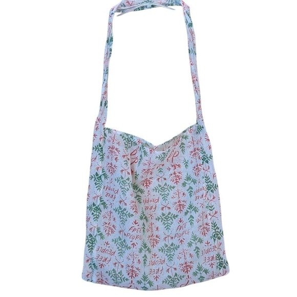 Free People Handbags - Free People Reusable Tote Bag White Green Red Snowflake Print Small Christmas